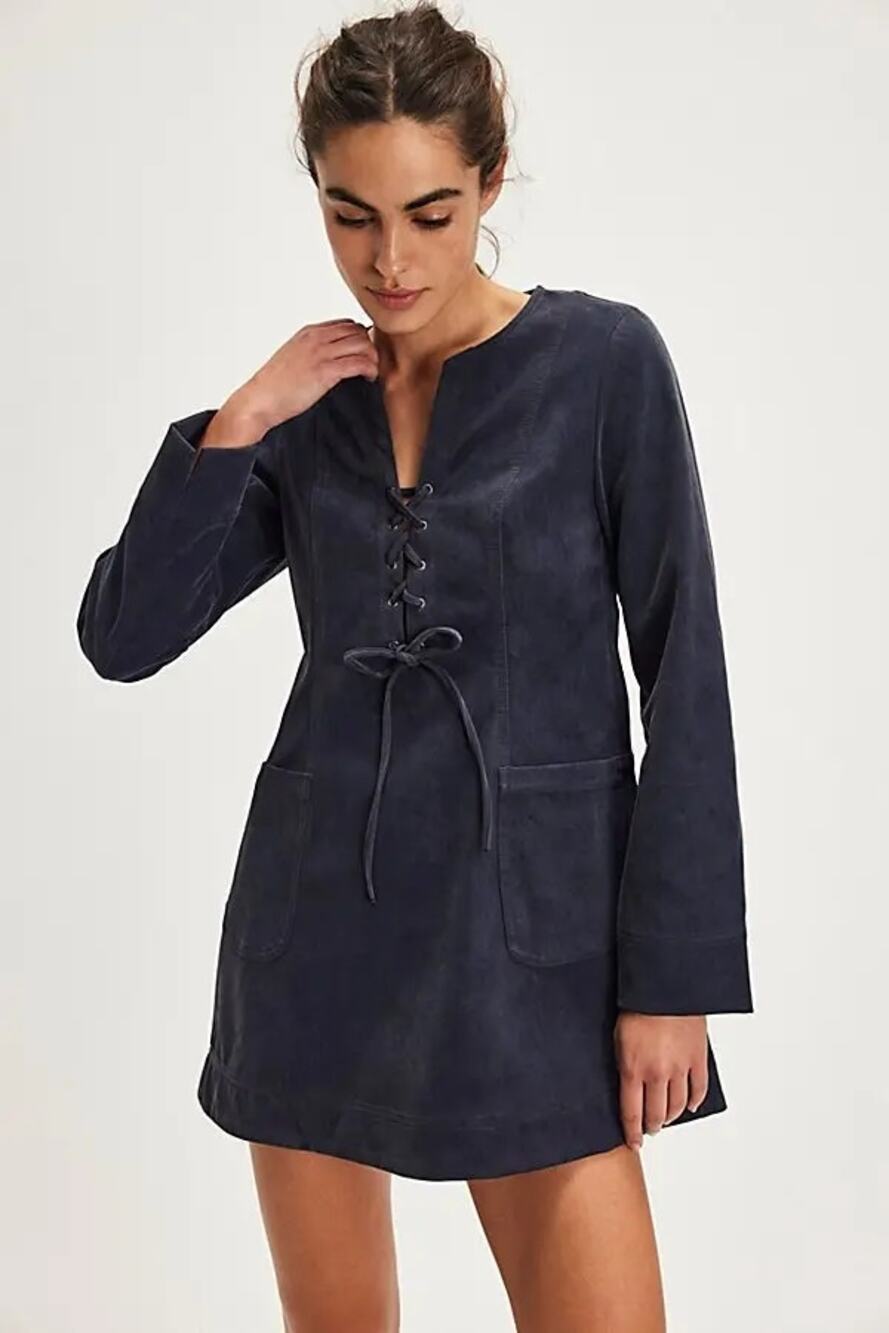 New Free People Bradley Faux Suede Shift Style Mini Dress $168 X-SMALL Lace-up